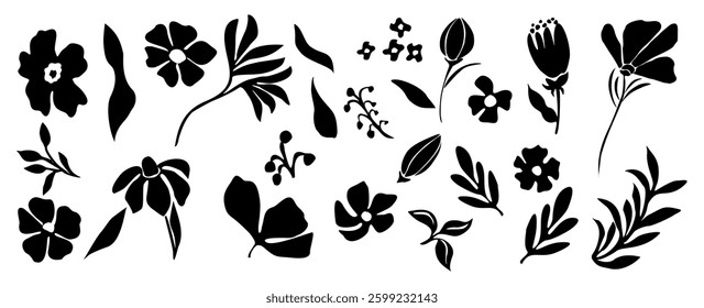 Set of flower and leaves silhouettes. Hand drawn floral design elements, icons, shapes. Wild and garden flowers, leaves black and white outline illustrations on white background.