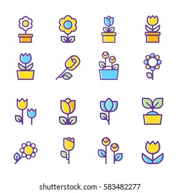 Set Of Flower Line Icons. Color Vector Illustration, Flat Design. 