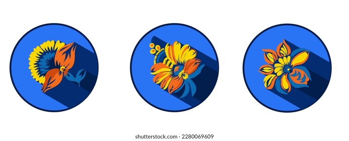 Conjunto de logos de flores con sombras. Pintura tradicional ucraniana de Petrykivka. Elementos de adorno floral azul y amarillo. Ilustración vectorial decorativa.