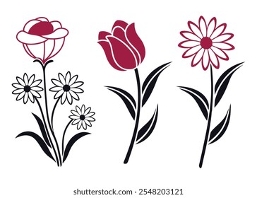 Conjunto de logotipos de flores y siluetas | Rose, Tulip, Daisy | Iconos florales minimalistas