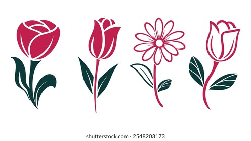 Conjunto de logotipos de flores y siluetas | Rose, Tulip, Daisy | Iconos florales minimalistas