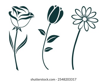 Conjunto de logotipos de flores y siluetas | Rose, Tulip, Daisy | Iconos florales minimalistas