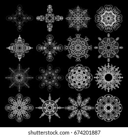Set of flower mandalas in black and white. Hand drawn sacred geometry mandala background. Seed of life symbols. Vector.