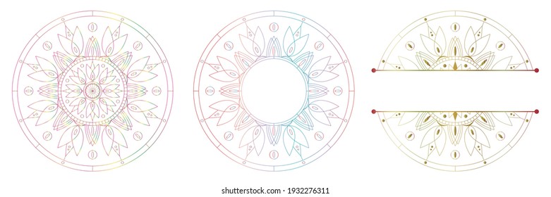 Set of flower mandalas. Split pattern in form of mandala for Henna Mehndi or tattoo decoration. Decorative ornament in ethnic oriental style, vector illustration.