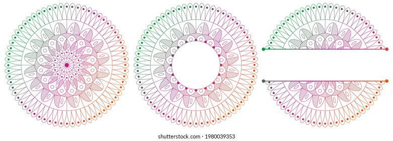 Set of flower mandalas. Split pattern in form of mandala for Henna Mehndi or tattoo decoration. Decorative ornament in ethnic oriental style, vector illustration.