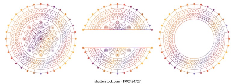 Set of flower mandalas. Split pattern in form of mandala for Henna Mehndi or tattoo decoration. Decorative ornament in ethnic oriental style, vector illustration.