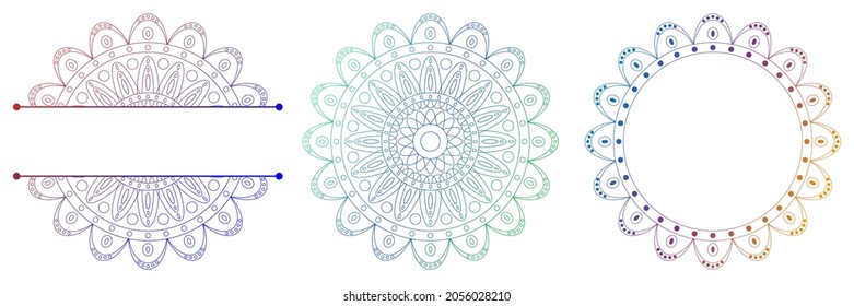Set of flower mandalas. Split pattern in form of mandala for Henna Mehndi or tattoo decoration. Decorative ornament in ethnic oriental style, vector illustration.