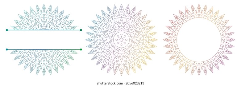 Set of flower mandalas. Split pattern in form of mandala for Henna Mehndi or tattoo decoration. Decorative ornament in ethnic oriental style, vector illustration.
