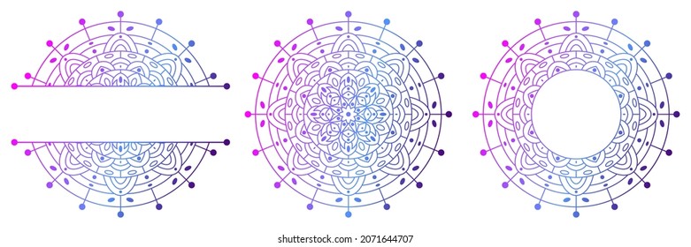 Set of flower mandalas. Split pattern in form of mandala for Henna Mehndi or tattoo decoration. Decorative ornament in ethnic oriental style, vector illustration.