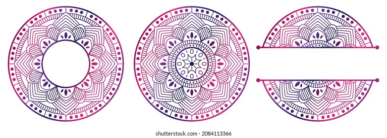 Set of flower mandalas. Split pattern in form of mandala for Henna Mehndi or tattoo decoration. Decorative ornament in ethnic oriental style, vector illustration.