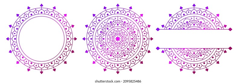 Set of flower mandalas. Split pattern in form of mandala for Henna Mehndi or tattoo decoration. Decorative ornament in ethnic oriental style, vector illustration.
