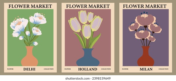 Set of flower market posters in retro style. Bouquets of flowers in vases. Abstract floral illustration. Template for cards, wall art, banner, background. Vector illustration.