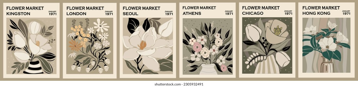 Set of Flower market prints. Abstract floral posters, trendy botanical wall arts in neutral colors. Scandinavian, japandi style modern home minimalist decorations, paintings