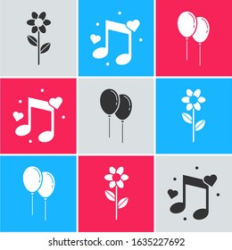 Set Flower, Music note, tone with hearts and Balloons with ribbon icon. Vector