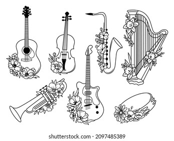 Set of flower musical instruments. Collection of stylized musical instruments with flower arrangement. Vector illustration on white background.