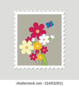 Set of flower on postage stamp vector illustration, postal flower collection 