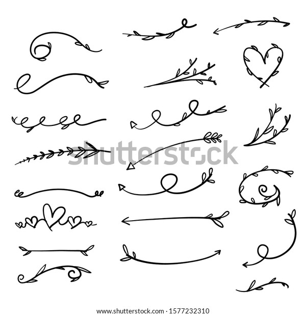 set of Flower ornament dividers. Hand drawn\
vines decoration, floral ornamental divider and sketch leaves\
ornaments. Ink flourish and arrow decorations with victorian\
doodles style isolated\
background