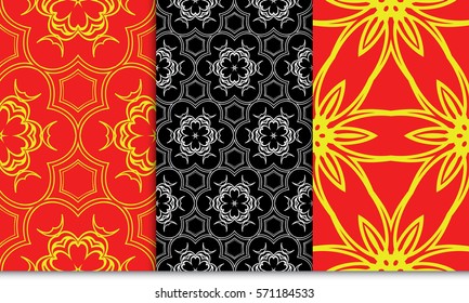 set of flower ornament. seamless vector pattern. red, yellow, black color. for fabric, textile, design, wallpaper