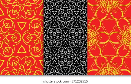 set of flower ornament. seamless vector pattern. red, yellow, black color. for fabric, textile, design, wallpaper