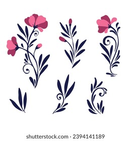 Set flower or ornamental plant. Botanical print of leaves, flowers and curls. A simple natural pattern. Vector illustration on a white background.