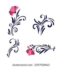 Set flower or ornamental plant. Botanical print of leaves, flowers and curls. A simple natural pattern. Vector illustration on a white background.