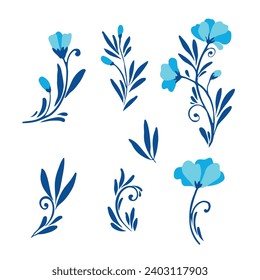 Set flower or ornamental plant. Botanical print of leaves, flowers and curls. A simple natural pattern. Vector illustration on a white background.