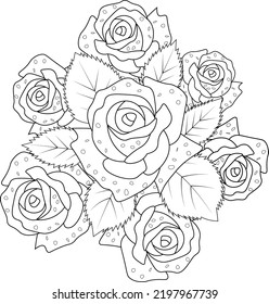 set of flower outline rose bouquet floral hand drawn illustration sketch isolated on white background summer collection botanic leaf coloring page for adult.
