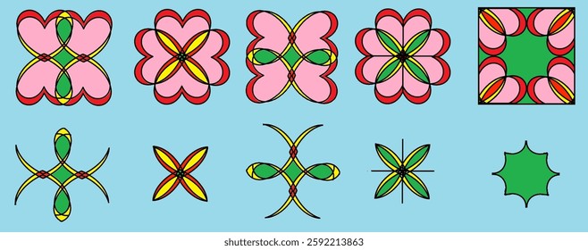 set of flower pattern, red, yellow and green