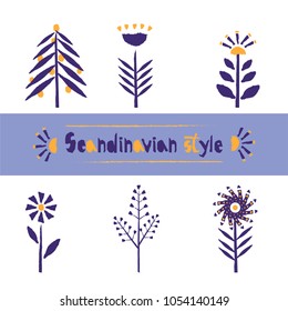 Set Flower pattern in Scandinavian style, stylization of torn paper edge. Beautiful template for decoration design. Vector illustration isolated on white. Vintage floral background.