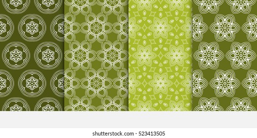 set of flower pattern. Seamless. Arabesque. vector illustration. green, olive color. for invitation, background, wallpaper
