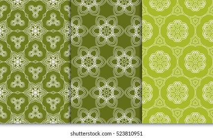 set of flower pattern. Seamless. Arabesque. vector illustration. green, olive color. for invitation, background, wallpaper
