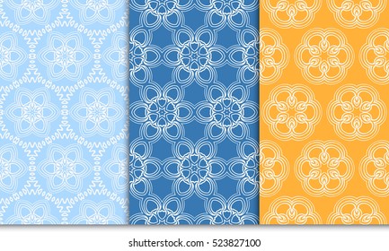 set of flower pattern. Seamless. Arabesque. vector illustration. blue, orange color. for invitation, background, wallpaper. set