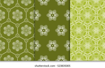 set of flower pattern. Seamless. Arabesque. vector illustration. green, olive color. for invitation, background, wallpaper