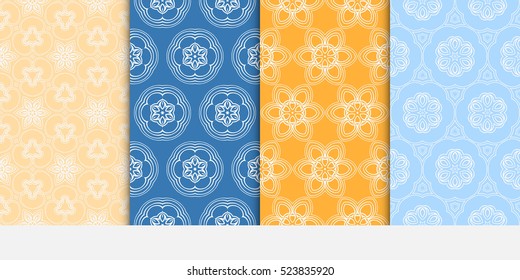 set of flower pattern. Seamless. Arabesque. vector illustration. blue, orange color. for invitation, background, wallpaper. set