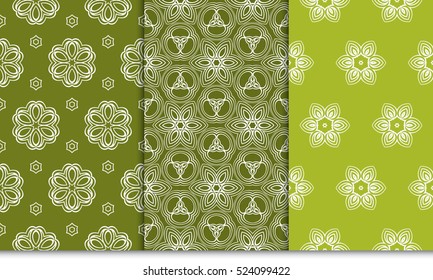set of flower pattern. Seamless. Arabesque. vector illustration. green, olive color. for invitation, background, wallpaper