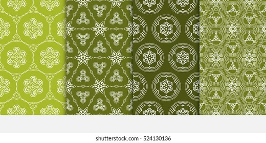 set of flower pattern. Seamless. Arabesque. vector illustration. green, olive color. for invitation, background, wallpaper