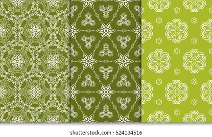 set of flower pattern. Seamless. Arabesque. vector illustration. green, olive color. for invitation, background, wallpaper
