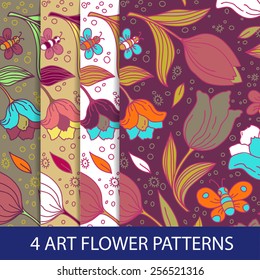 Set of flower patterns with tulips. Vector illustration.