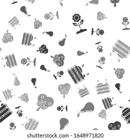 Set Flower, Pear, Wooden box for fruits and vegetables and Tree with apple on seamless pattern. Vector