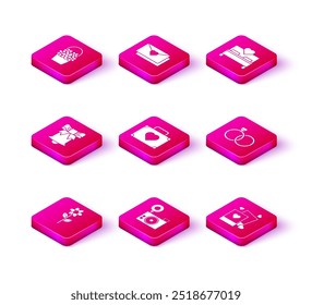 Set Flower, Photo camera, Ringing bell, Suitcase for travel with heart, Two blanks photo frames and hearts, Wedding rings, Bedroom and Envelope Valentine icon. Vector