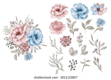 conjunto de imágenes prediseñadas aisladas de flores de azul rosa y hoja