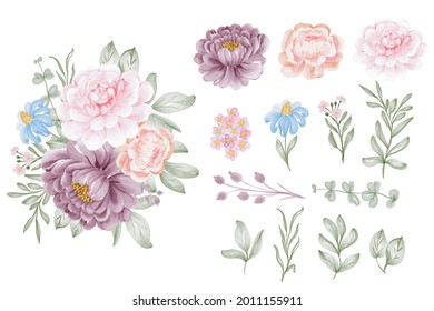 set of flower pink purple and leaf isolated clip-art