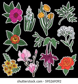 Set of flower and plant patches elements. Set of stickers, pins, patches and handwritten notes collection in cartoon 80s-90s comic style.Vector stikers kit