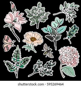 Set of flower and plant patches elements. Set of stickers, pins, patches and handwritten notes collection in cartoon 80s-90s comic style.Vector stikers kit