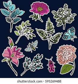 Set of flower and plant patches elements. Set of stickers, pins, patches and handwritten notes collection in cartoon 80s-90s comic style.Vector stikers kit