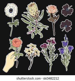 Set of flower and plant patches elements. Set of stickers, pins, patches and handwritten notes collection in cartoon 80s-90s comic style.Vector stikers kit