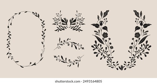 Set of flower and plants frame, wreath, border. Isolated vector illustration. Abstract decoration.