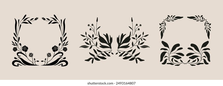 Set of flower and plants frame, wreath, border. Isolated vector illustration. Abstract decoration.