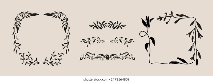 Set of flower and plants frame, wreath, border. Isolated vector illustration. Abstract decoration.