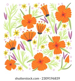 Set Flower Poppy and Leaf vector collection element. Hand Drawn vector set naive floral and nature leaf